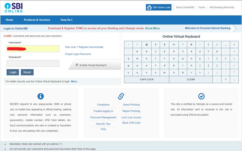 Enter username and password for SBI net banking