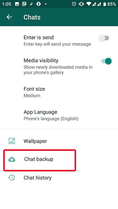 Click on chat backup under chat option
