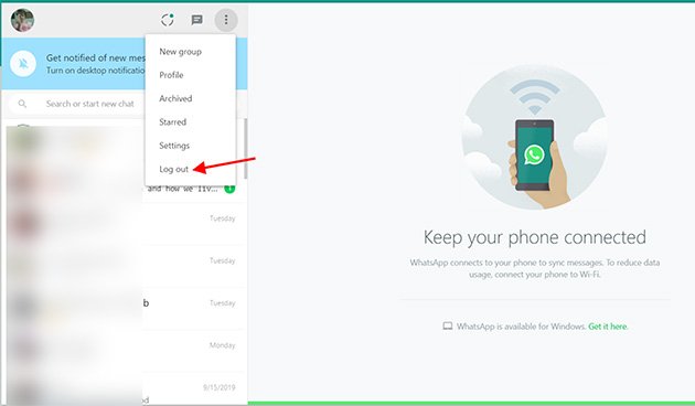 Click on logout to logout from whatsapp web