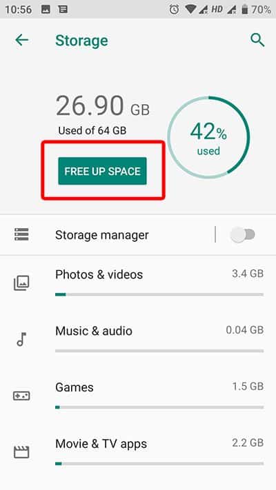Click on free space option under storage