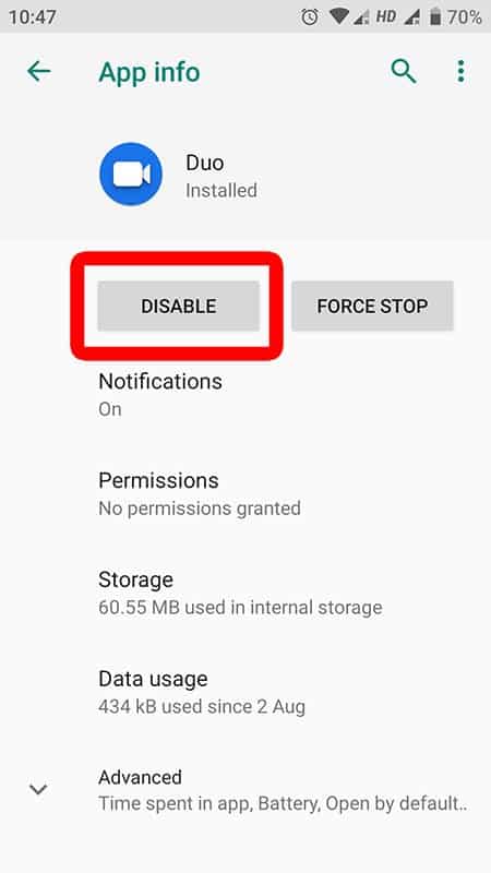 Tap on disable to disable app