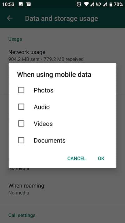 Uncheck photos, audio, videos and documents