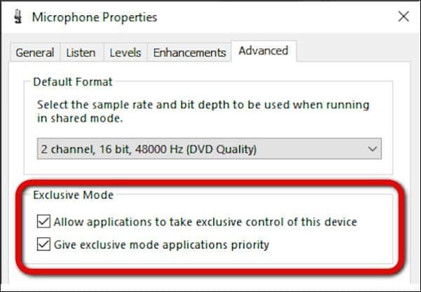 microphone properties disable exclusive mode