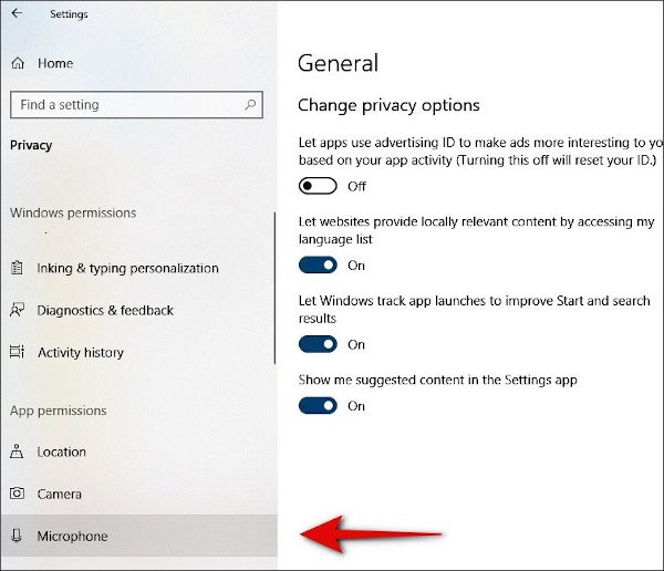 select microphone under windows privacy settings