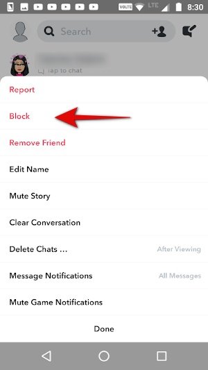click on block to block friend on snapchat