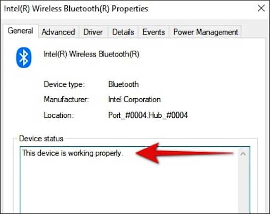 check device status in bluetooth driver properties