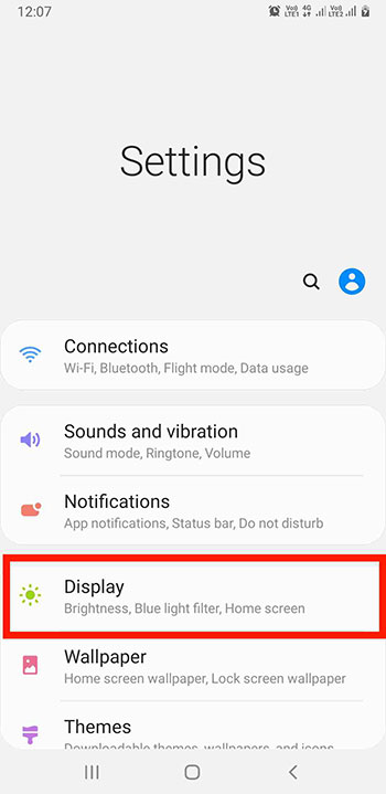 Open display setting in android phone