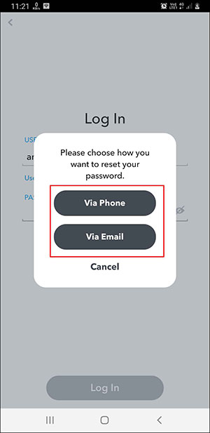 reset snapchat password using phone or using email address