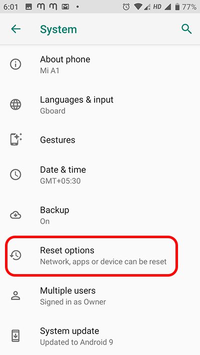 Click on reset options