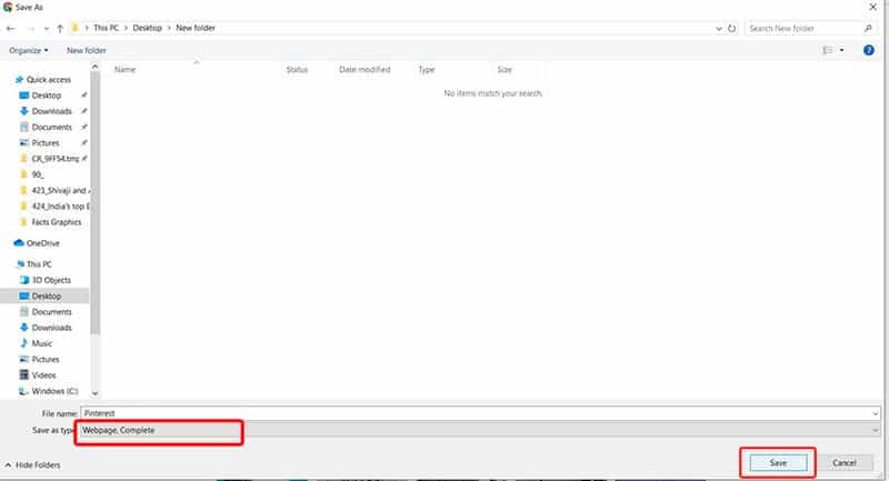 Save as type should be Webpage, complete