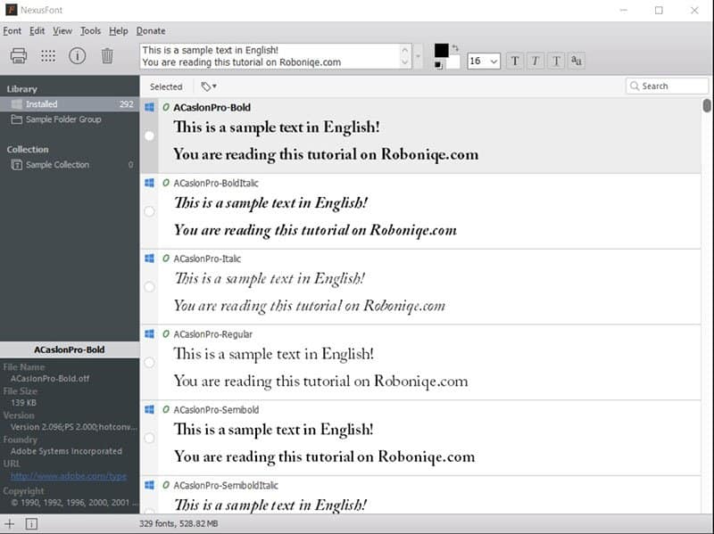 nexus font manager user interface