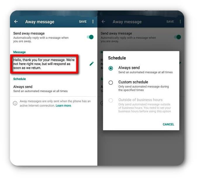 WhatsApp Business Automated Away Message