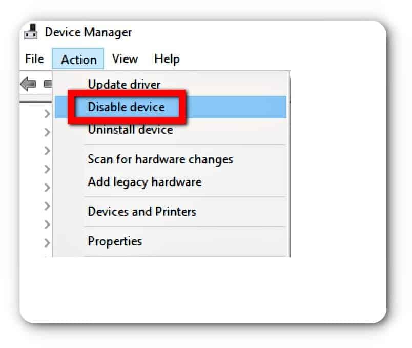 click on disable device under action menu