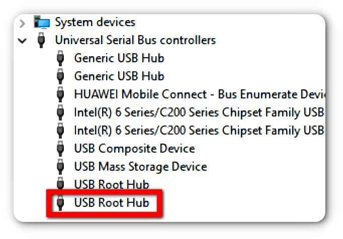 go to usb root hub under universal serial bus controllers