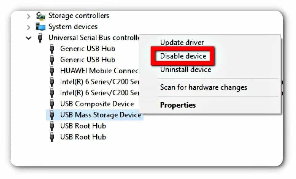 right click on usb mass storage device and click on disable device