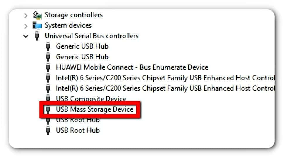 select usb mass storage device under serial bus controllers