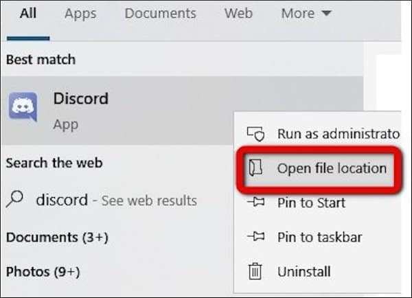 open discord file location by typing in window search