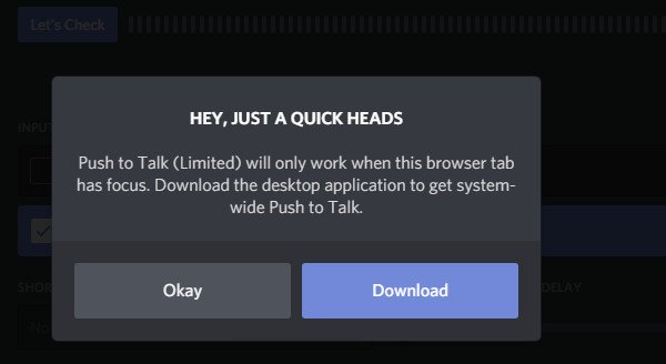 push to talk in discord limited in web
