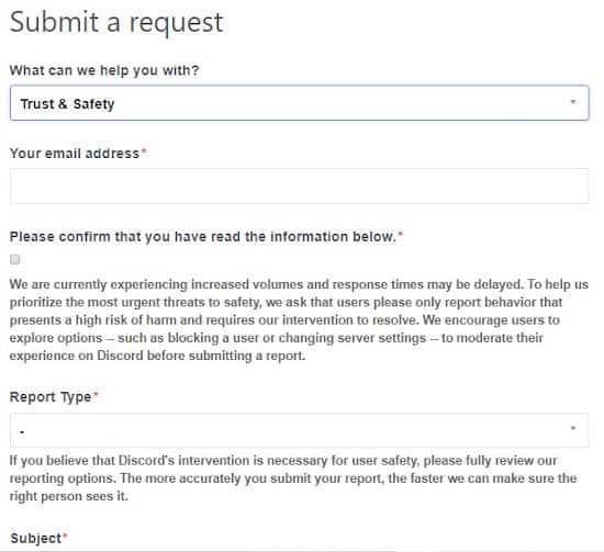 discord trust and safety request center