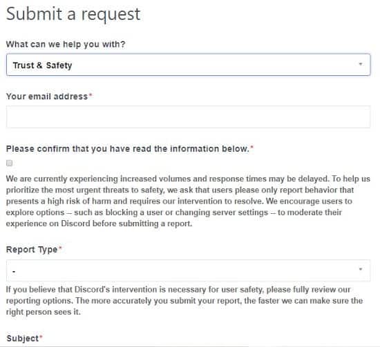 discord trust and safety request center