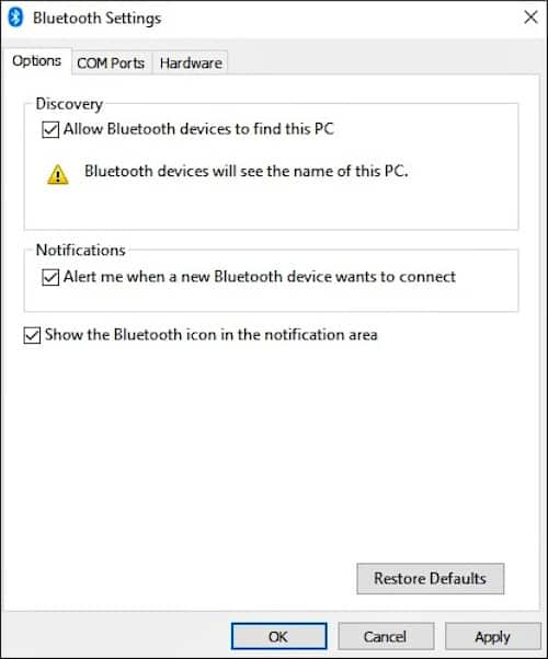 bluetooth settings window