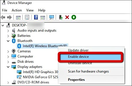 enable device bluetooth driver