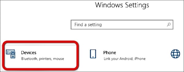 select devices option in window settings