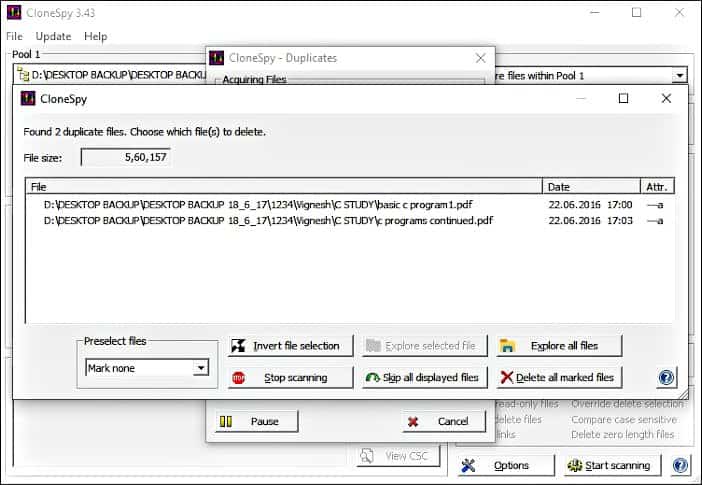 clonespy found duplicate files