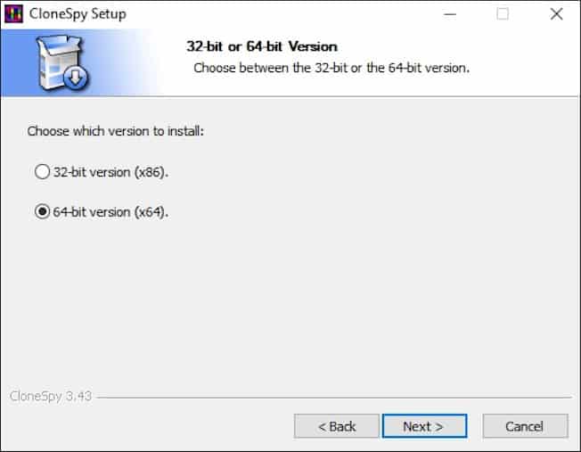 select clonespy windows version for installation