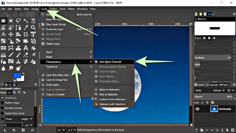 add alpha channel from layer menu option