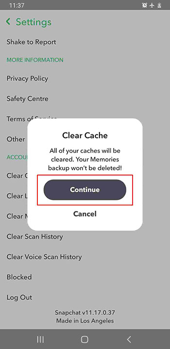 press continue to confirm cache clearing