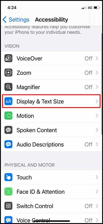 tap on display and text size