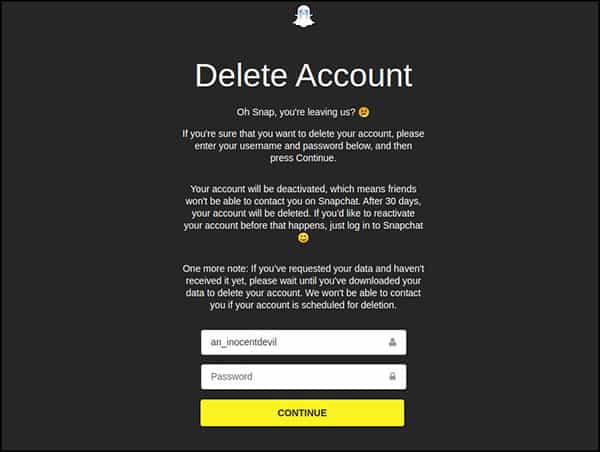 Enter username and password to delete snapchat account
