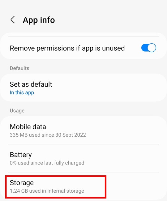 Storage option under whatsapp app info